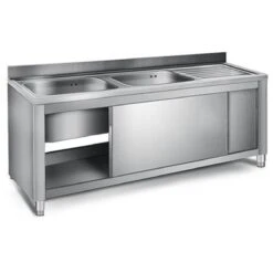 Commercial Sink With Cupboard Stainless Steel 2 Bowls Left Splashback Width 1800mm Depth 600mm | Adexa VSC186LBT