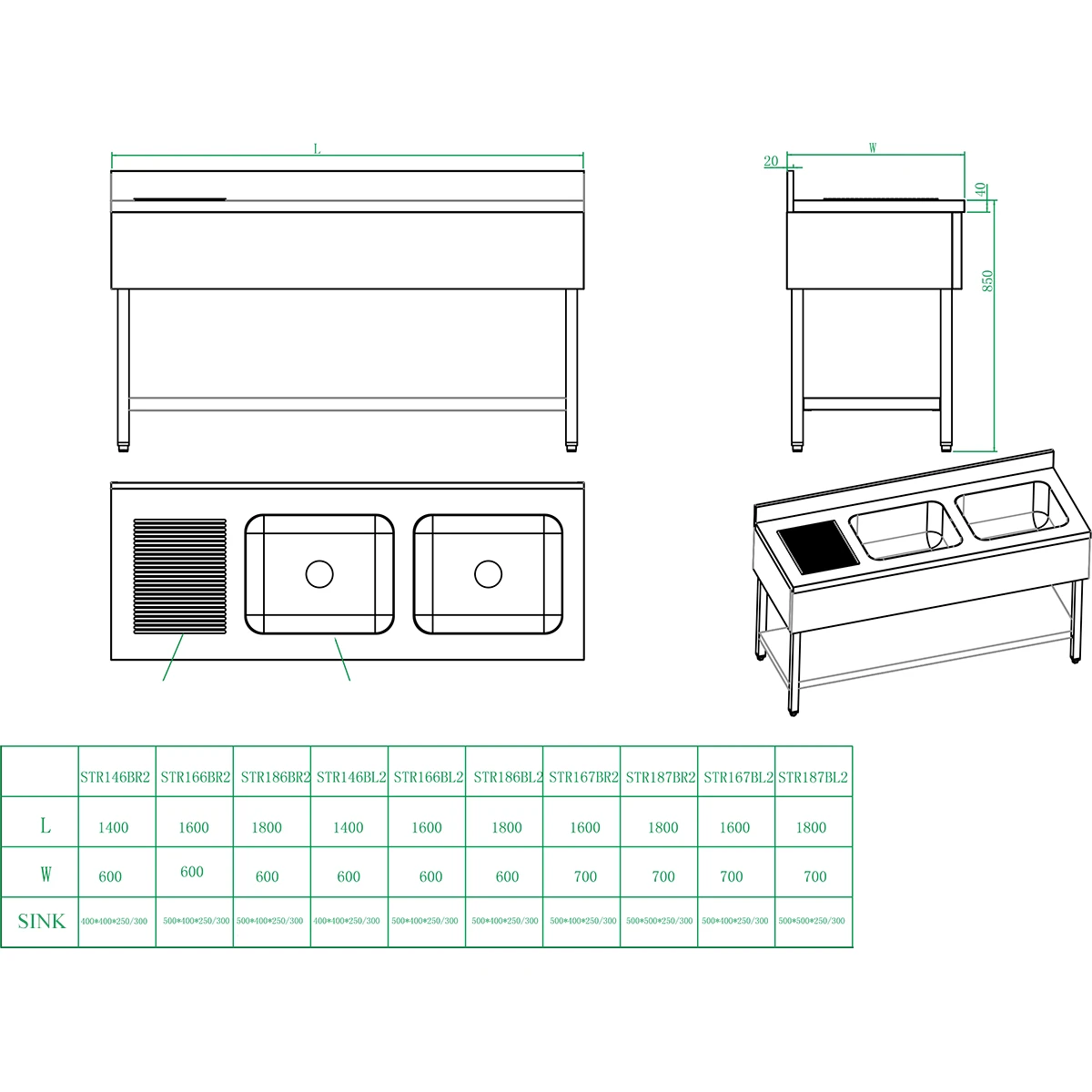 Commercial Sink Stainless Steel 2 Bowls Right Bottom Shelf Splashback 1800mm Depth 700mm | Adexa THSTR187BR2 2 Commercial Sink Stainless Steel 2 Bowls Right Bottom Shelf Splashback 1800mm Depth 700mm | Adexa THSTR187BR2 - Image 2